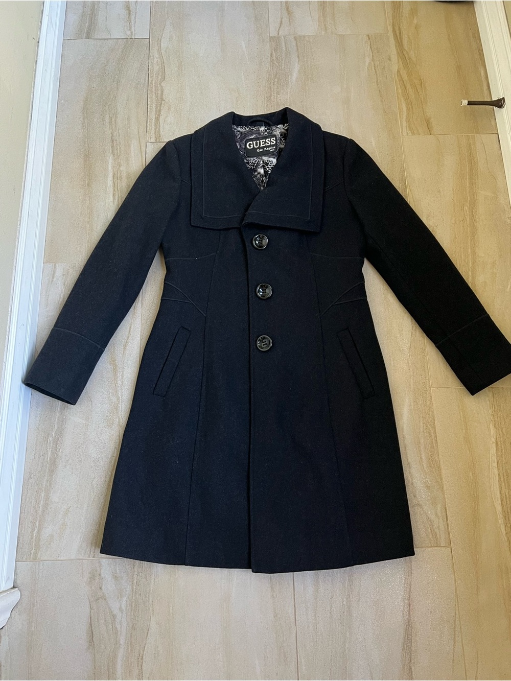 GUESS Dark gray wool blend tailored coat with large lapel
